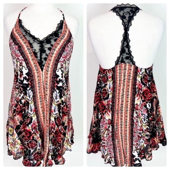 FREE PEOPLE BLACK RED ORANGE BOHO PATTERN FLOWY SLEEVELESS RACER BACK DRESS XS - Picture 3 of 9